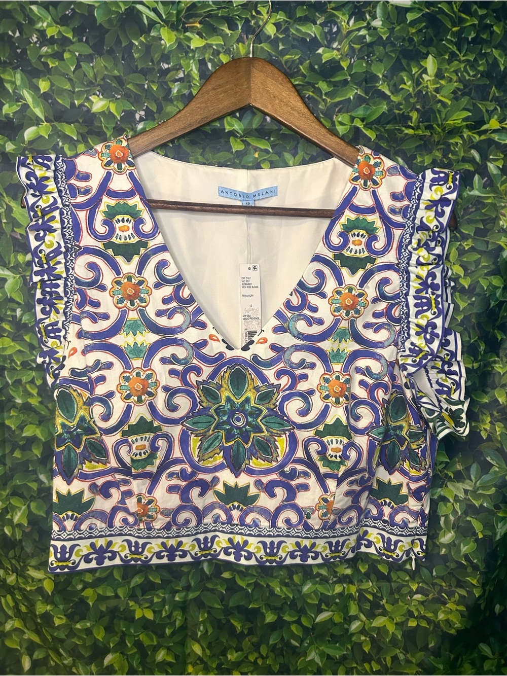 ANTONIO MELANI White Floral-Print V-Neck Crop Top with Green & Purple Motifs
